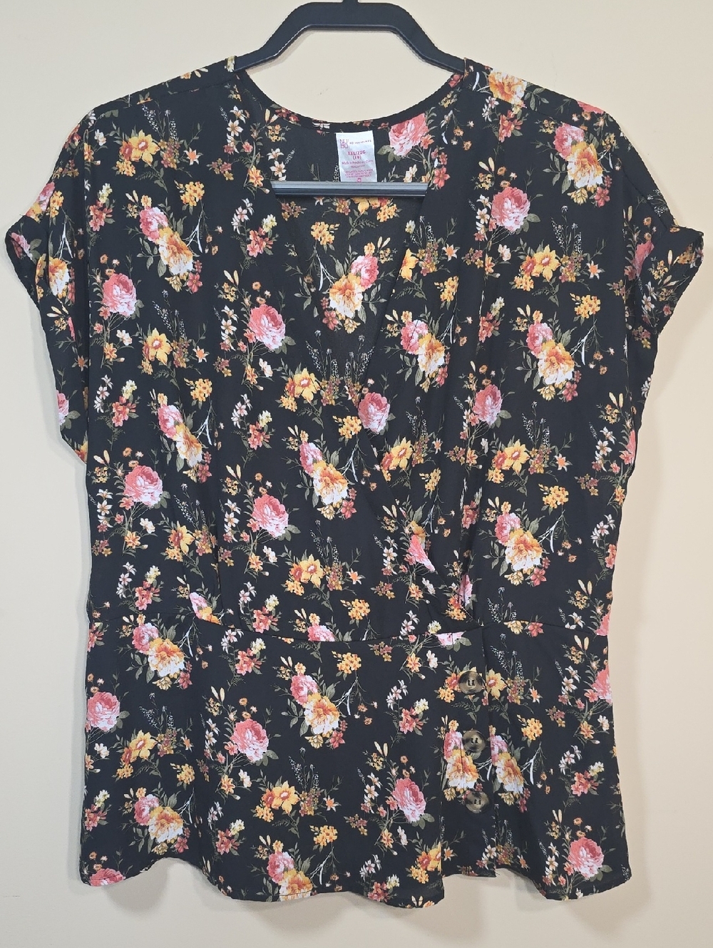 No Boundaries Floral Wrap Style V-Neck Short Sleeve Blouse